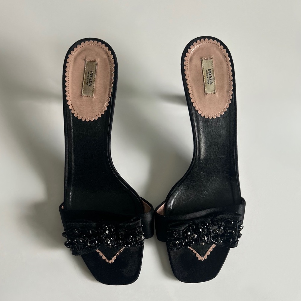 Vintage Prada Black Beaded Bow Slide Mule Kitten Heels Size EU 39.5 - Picture 2 of 13